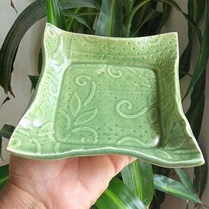 HAND CRAFTED Ceramic Green trinket dish.